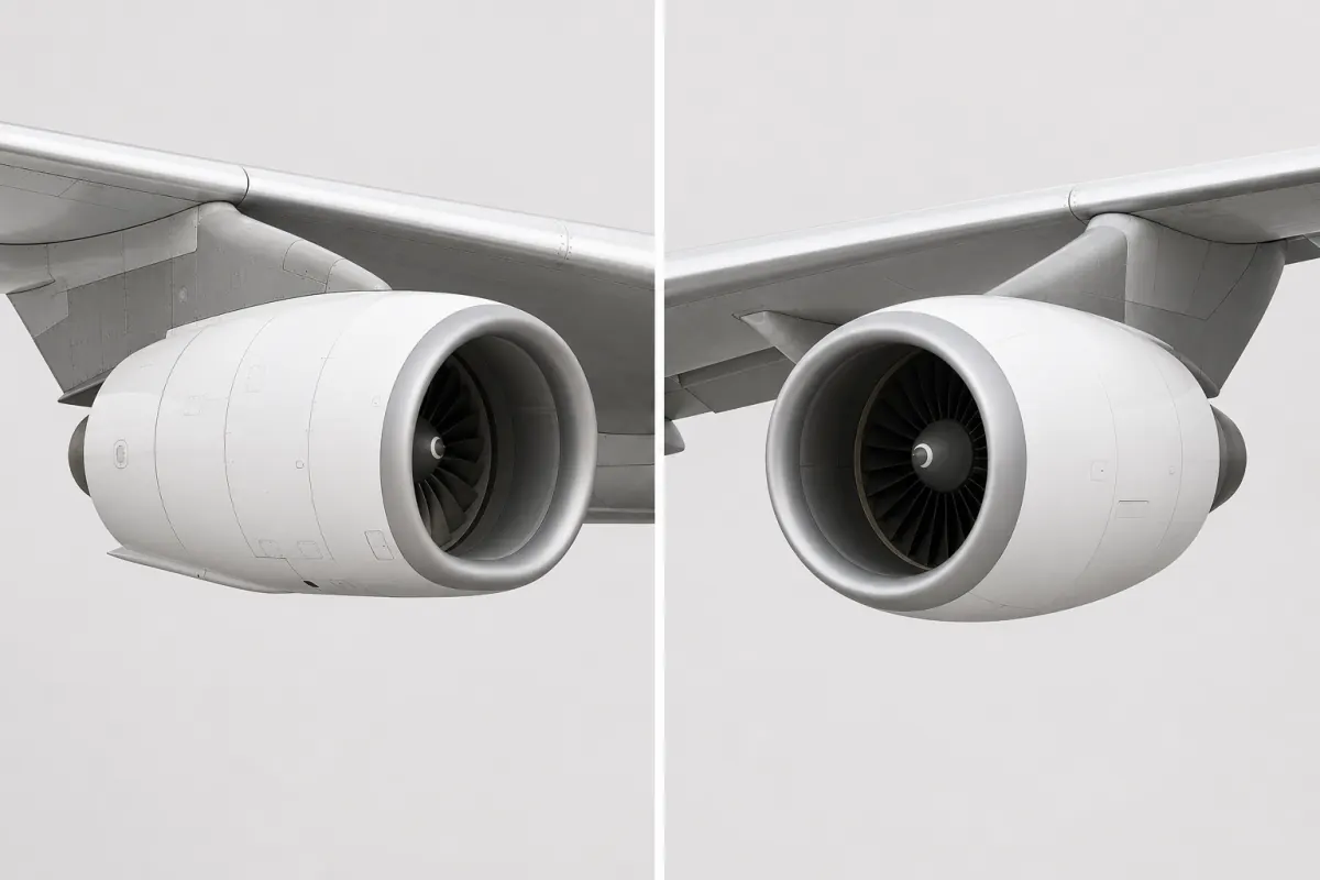 Side-by-side under-wing jet engine nacelles comparing a flattened low-slung 737-style nacelle with a rounder A320-style nacelle