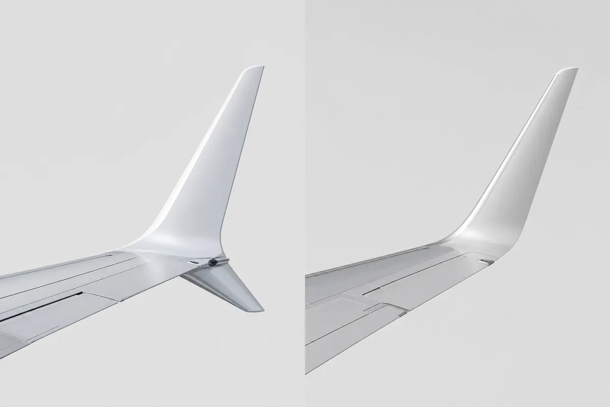 Side-by-side aircraft wingtip devices comparing a split scimitar winglet with a single tall sharklet-style wingtip