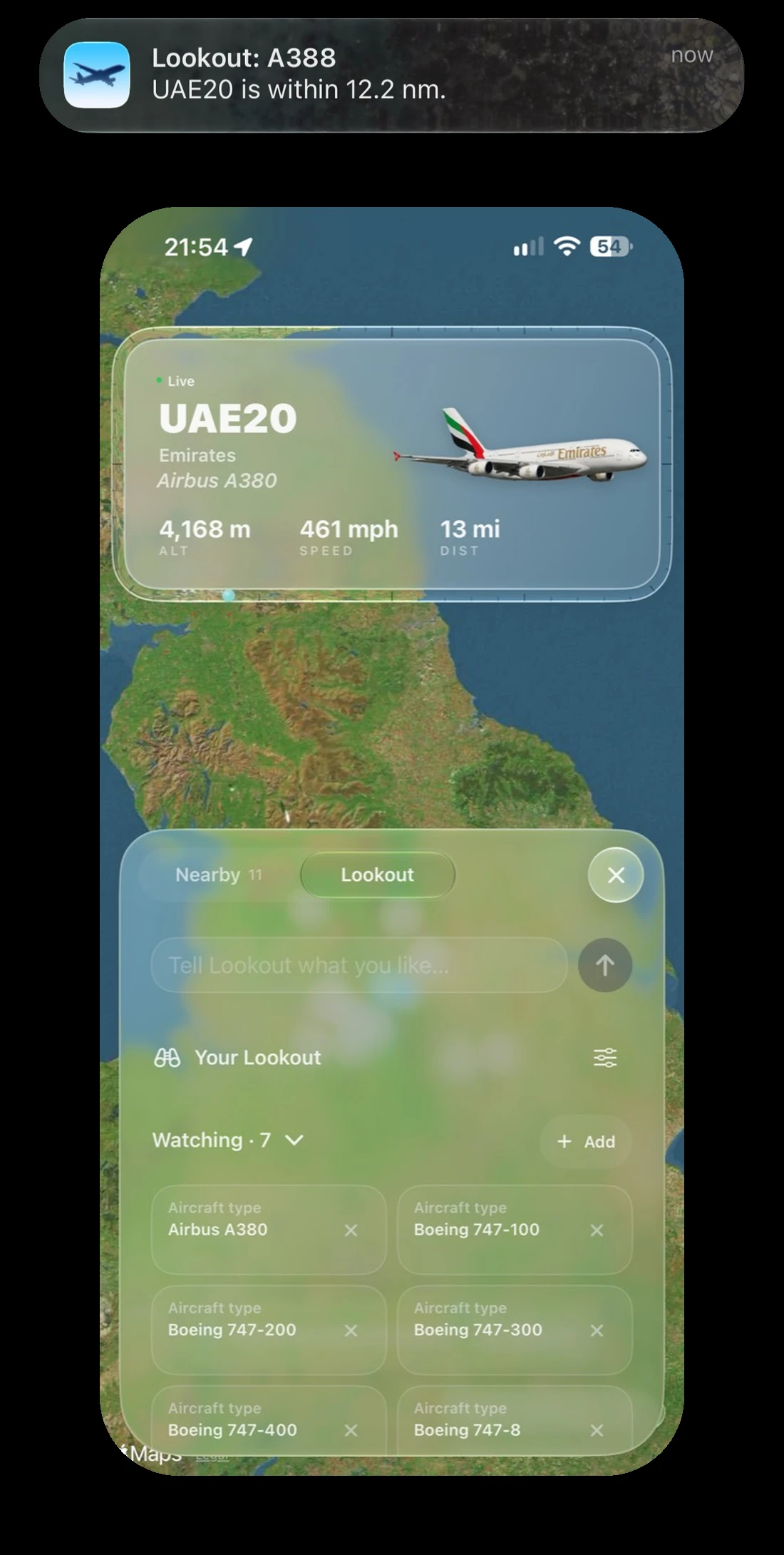 A real Lookout notification for Emirates UAE20 above the app showing that Airbus A380 and saved aircraft interests